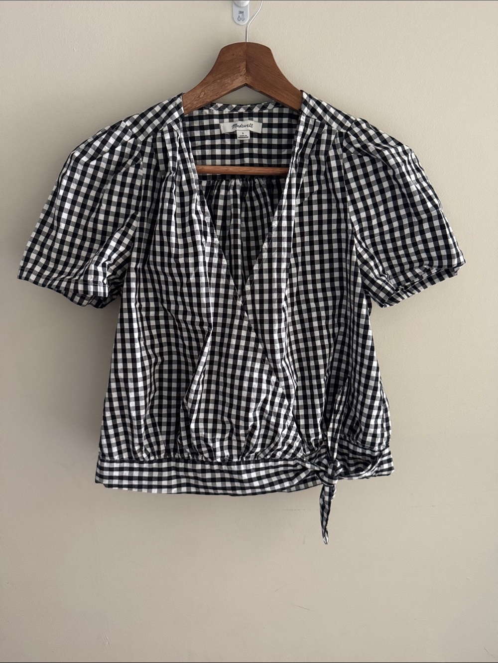 Madewell Black & White Gingham Wrap Tie Blouse